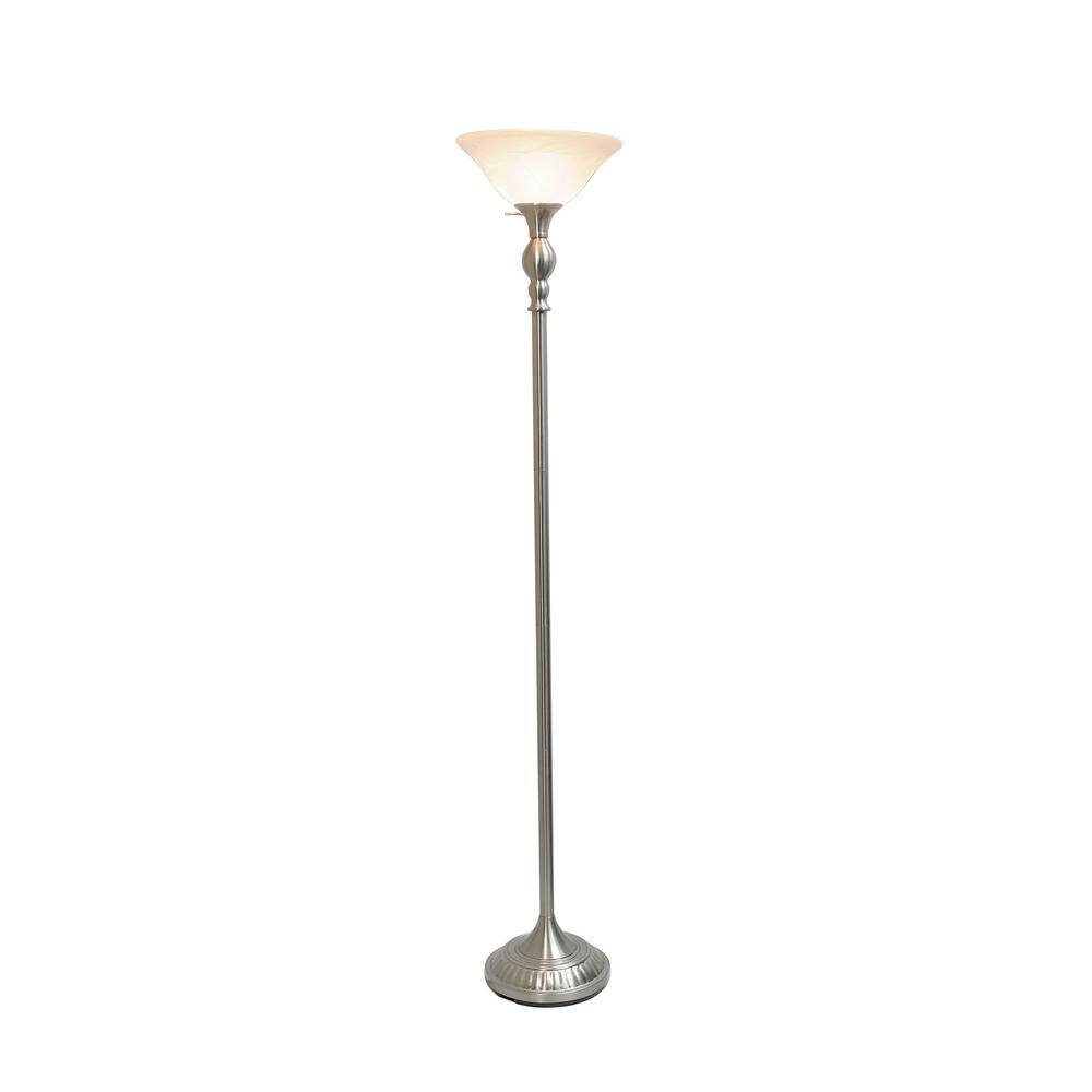 None 71 in. Brushed Nickel Classic 1-Light Torchiere Floor Lamp with White Marbleized Glass Shade