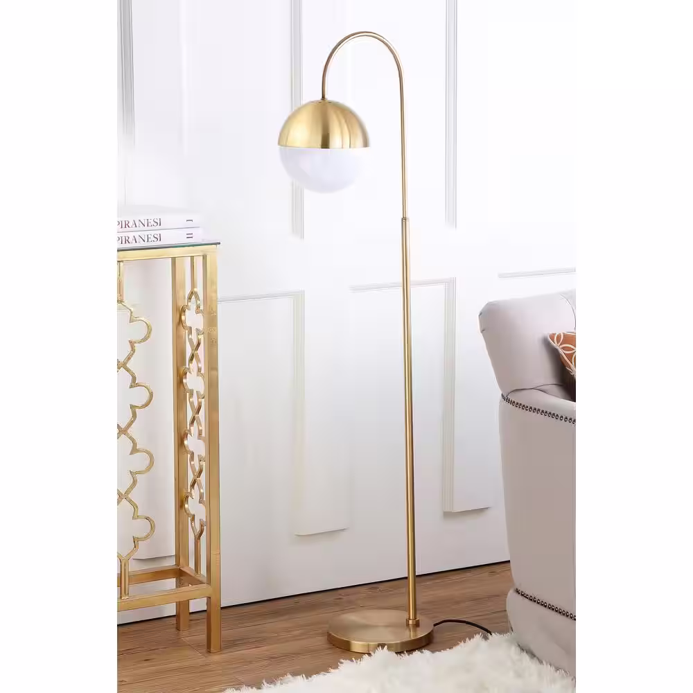 SAFAVIEH Jonas 55.5 in. Brass Gold Floor Lamp with White/Gold Globe Shade