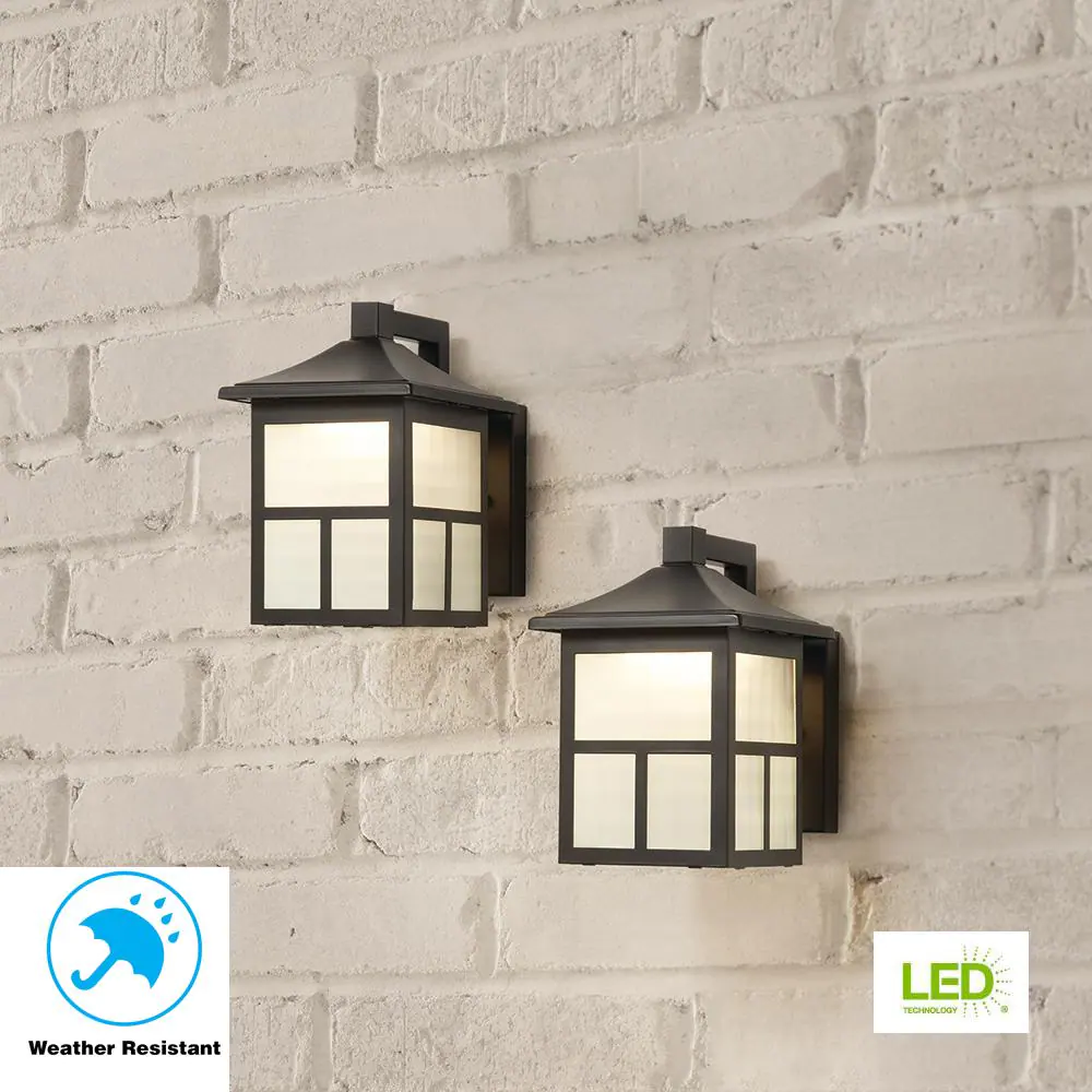 Hampton Bay Black LED Outdoor Wall Light Fixture with Frosted Textured Glass (2-Pack)