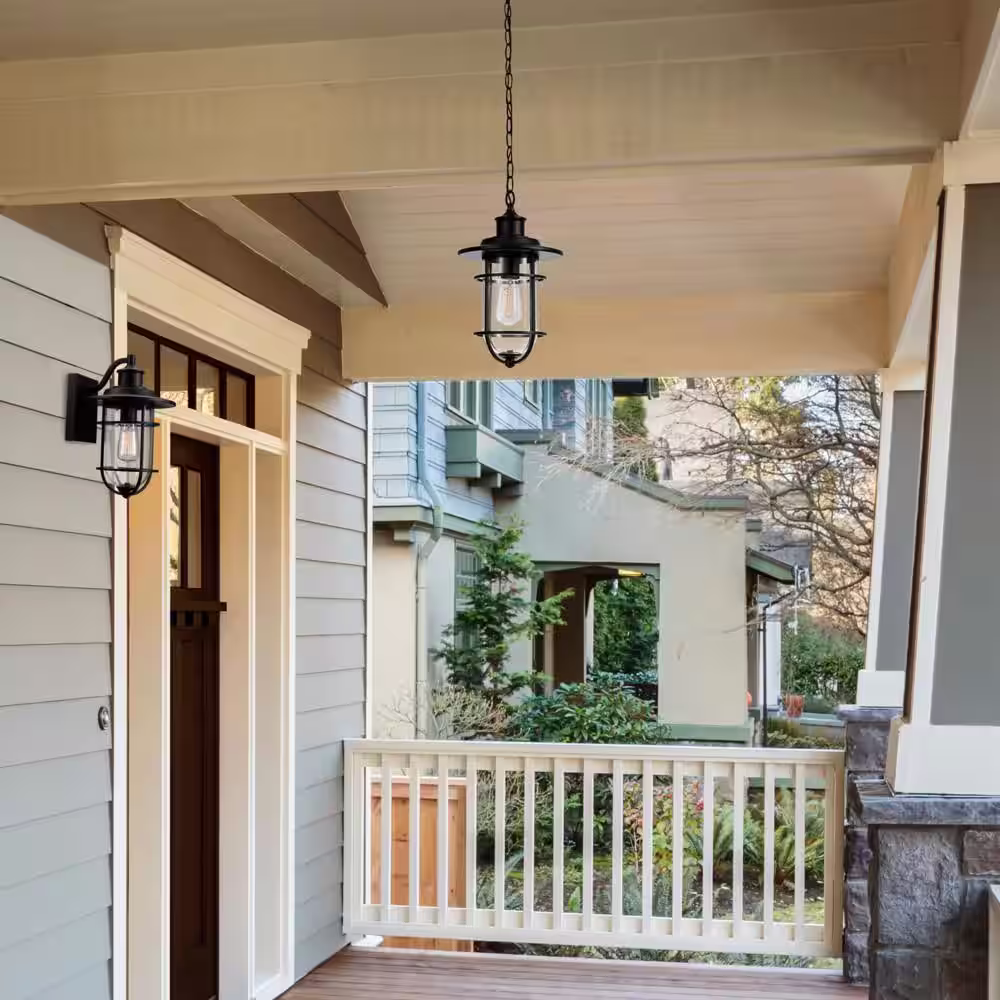 Globe Electric Turner Black Farmhouse Indoor/Outdoor 1-Light Wall Sconce with Clear Seeded Glass