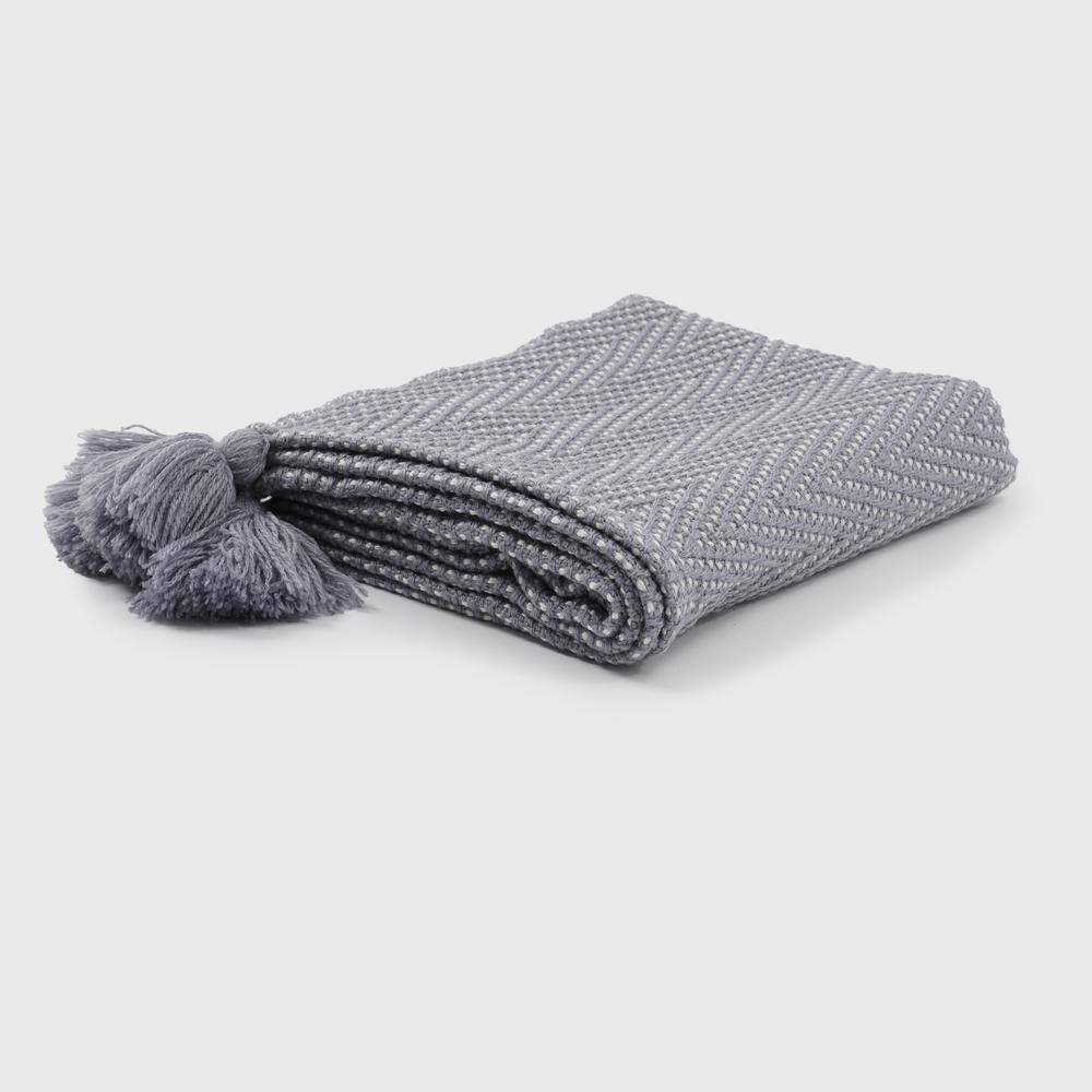 None Herringbone Tassel 60 in. x 50 in. Chambray Blue Throw