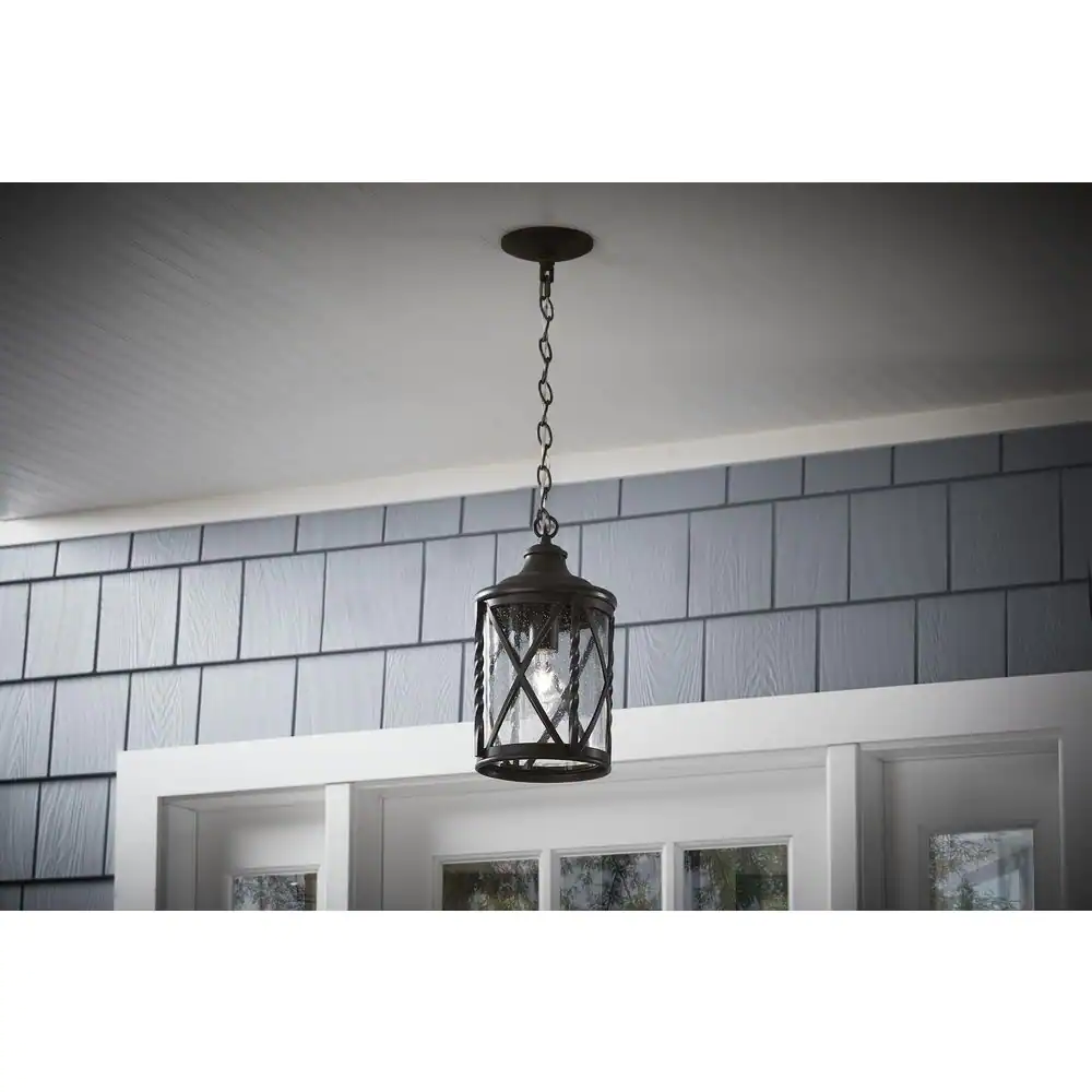 Home Decorators Collection Walcott Manor 14.12 in. 1-Light Antique Bronze Outdoor Transitional Pendant Light with Clear Seeded Glass