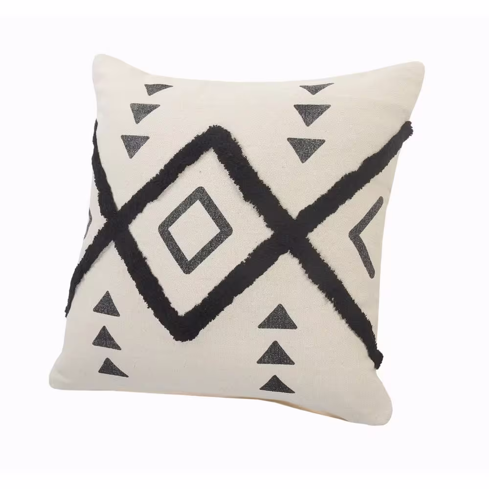 LR Home Diamond Black / Cream Tufted Geometric Soft Poly-fill 20 in. x 20 in. Throw Pillow