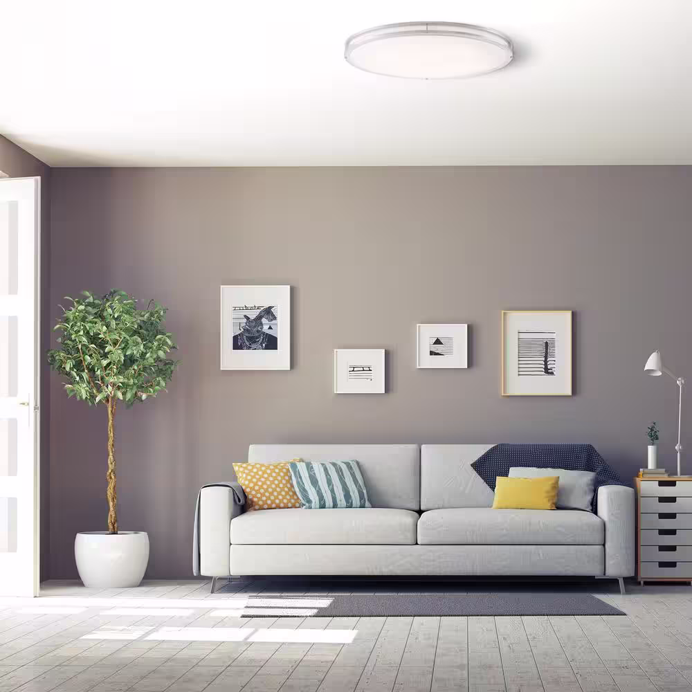 Commercial Electric DC Series 32 in. 1-Light Modern Brushed Nickel Selectable Dimmable LED Oval Flush Mount with White Acrylic Shade