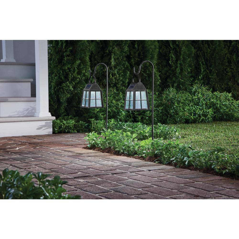 Hampton Bay 12 Lumens Black LED Farmhouse Shephard's Hook Outdoor Solar Path Light and Table Top Lantern (2-Pack)