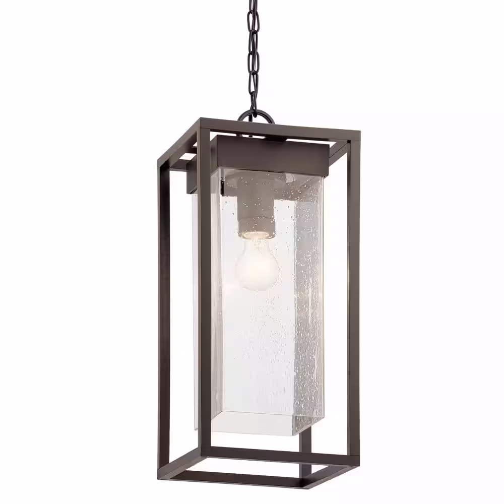 KICHLER Mercer 1-Light Olde Bronze Outdoor Porch Hanging Pendant Light with Clear Seeded Glass (1-Pack)