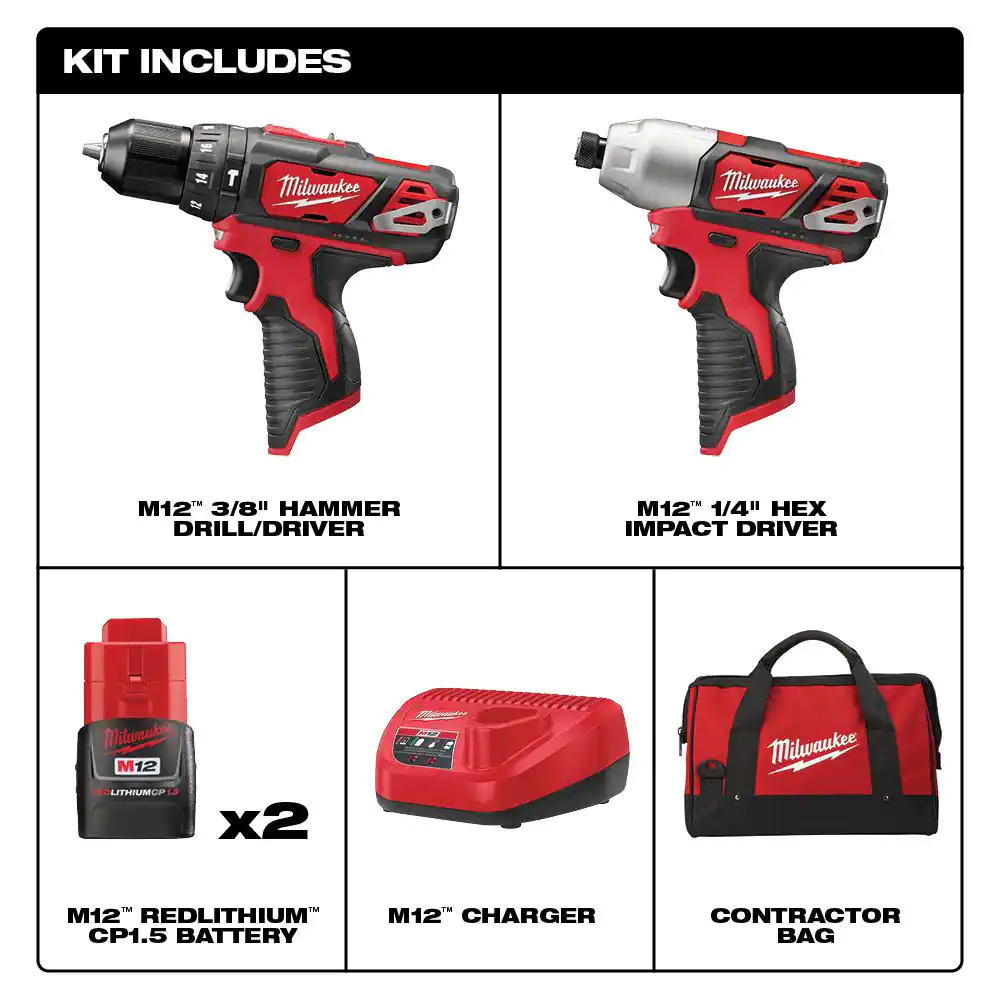 Milwaukee M12 12V Lithium-Ion Cordless Hammer Drill/Impact Driver Combo Kit (2-Tool) with (2) 1.5Ah Batteries, Charger & Bag