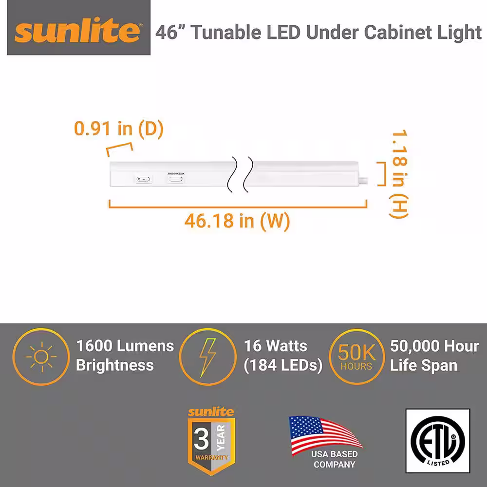Sunlite Plug In 48 in. Linkable Adjustable 3 Color Selectable CCT 3000K 4000K 5000K LED Under Cabinet Light