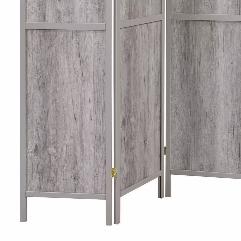Benjara 70 in. Rustic Gray Abstract Pattern Wood 4-Panel Folding Screen Room Divider