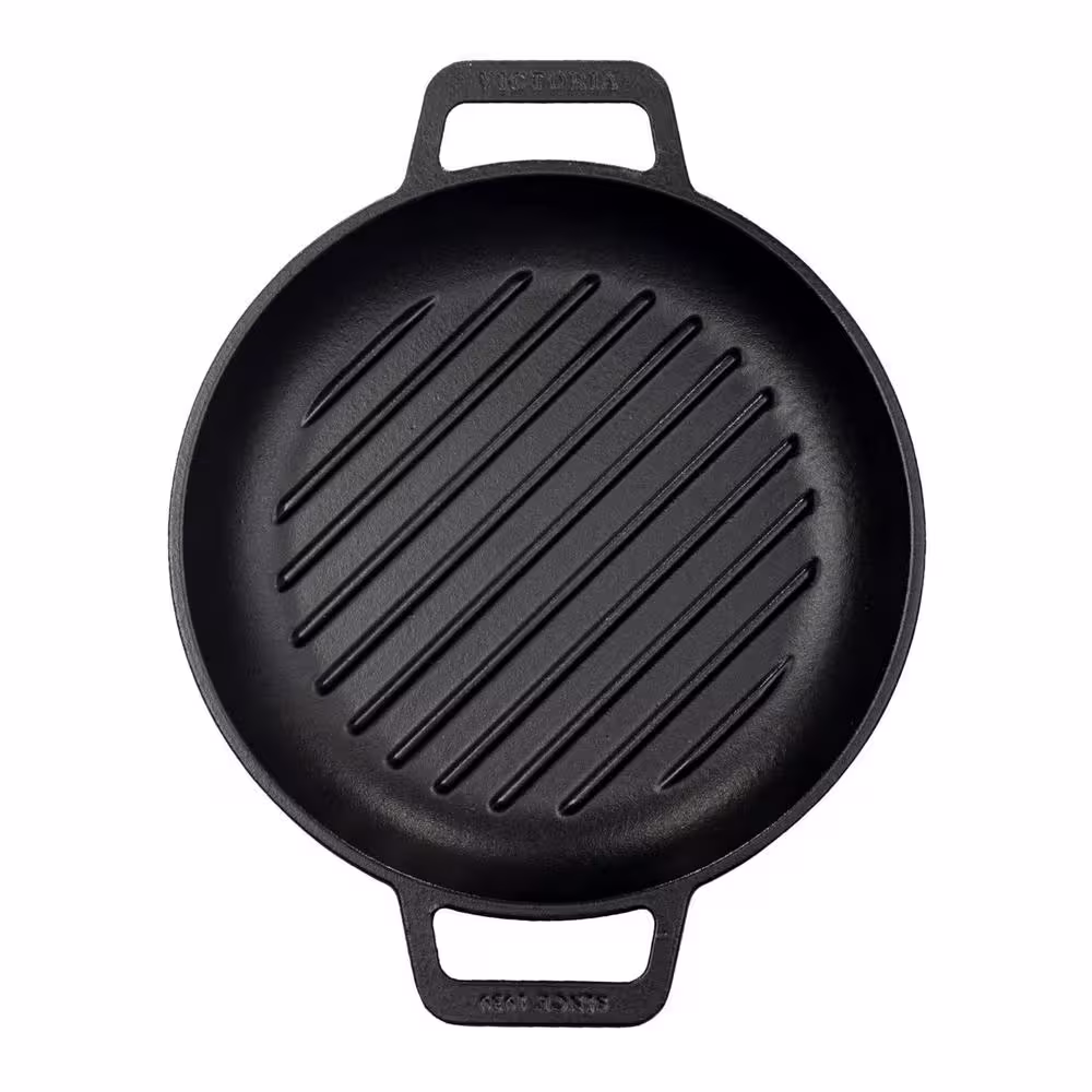 None 12 in. Seasoned Black Cast Iron Grill Skillet with Double Loop Handles