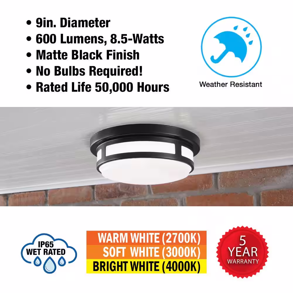 Hampton Bay 9 in. Round Black Indoor Outdoor LED Flush Mount Ceiling Light Adjustable CCT 600 Lumens Wet Rated (8-Pack)