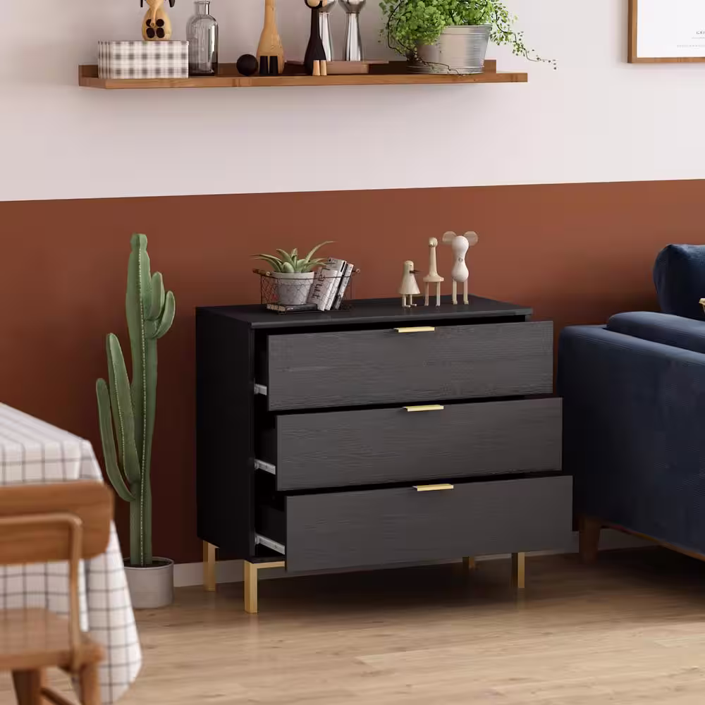 None 3-Drawers Black Wood Chest of Drawers Dresser Vanity Table Storage Cabinet Nightstand 29.7 in. H x 31.5 W x 15.7 D