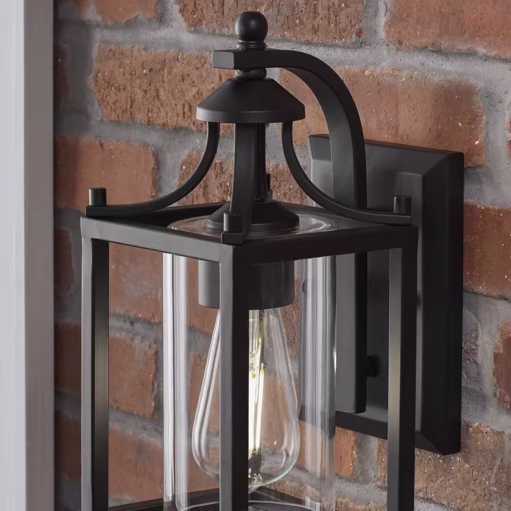 Hampton Bay Boswell Quarter 7.25 in. 1-Light Matte Black Hardwired Outdoor Transitional Wall Lantern Sconce with Clear Glass Shade