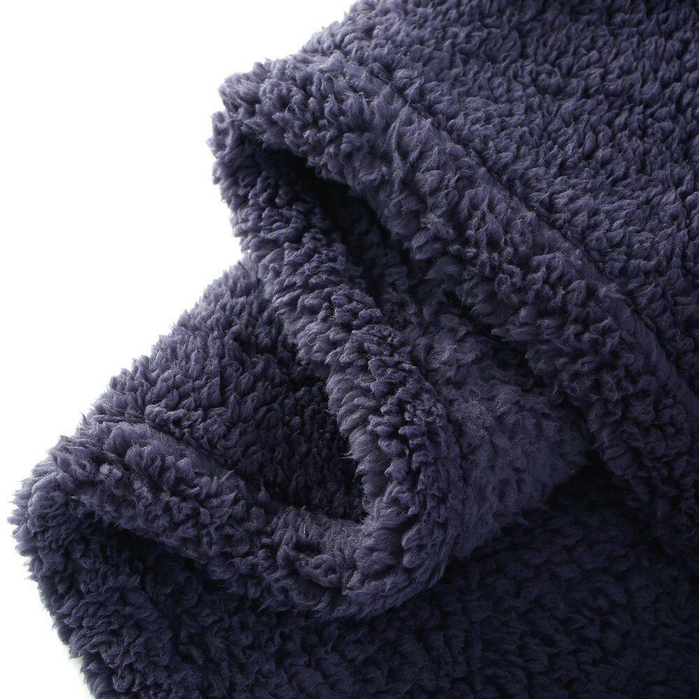 None Solid Blue Oversize Sherpa Polyester 60 in. x 72 in. Throw Bed Blanket