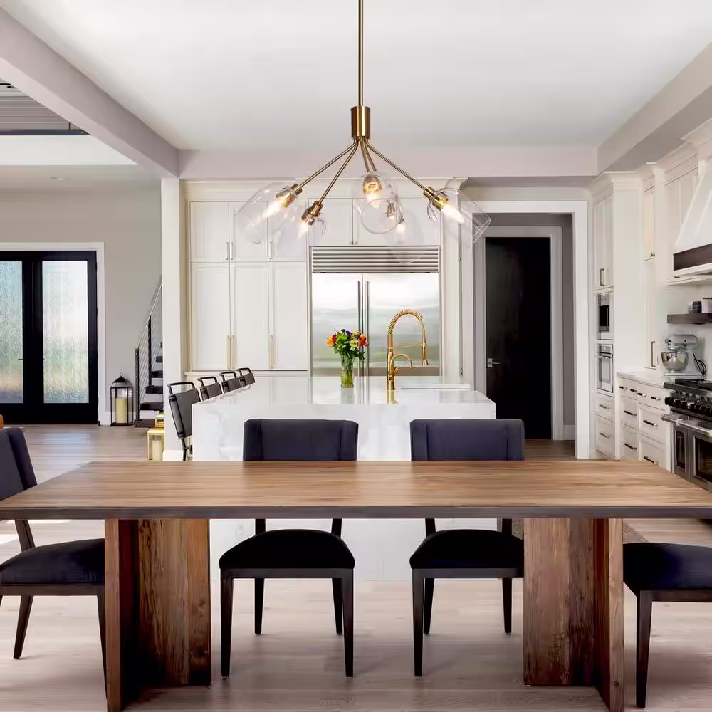 Uolfin Transitional Sputnik Dining Room Chandelier 5-Light Goblet Black and Brass Foyer Chandelier with Clear Glass Shades