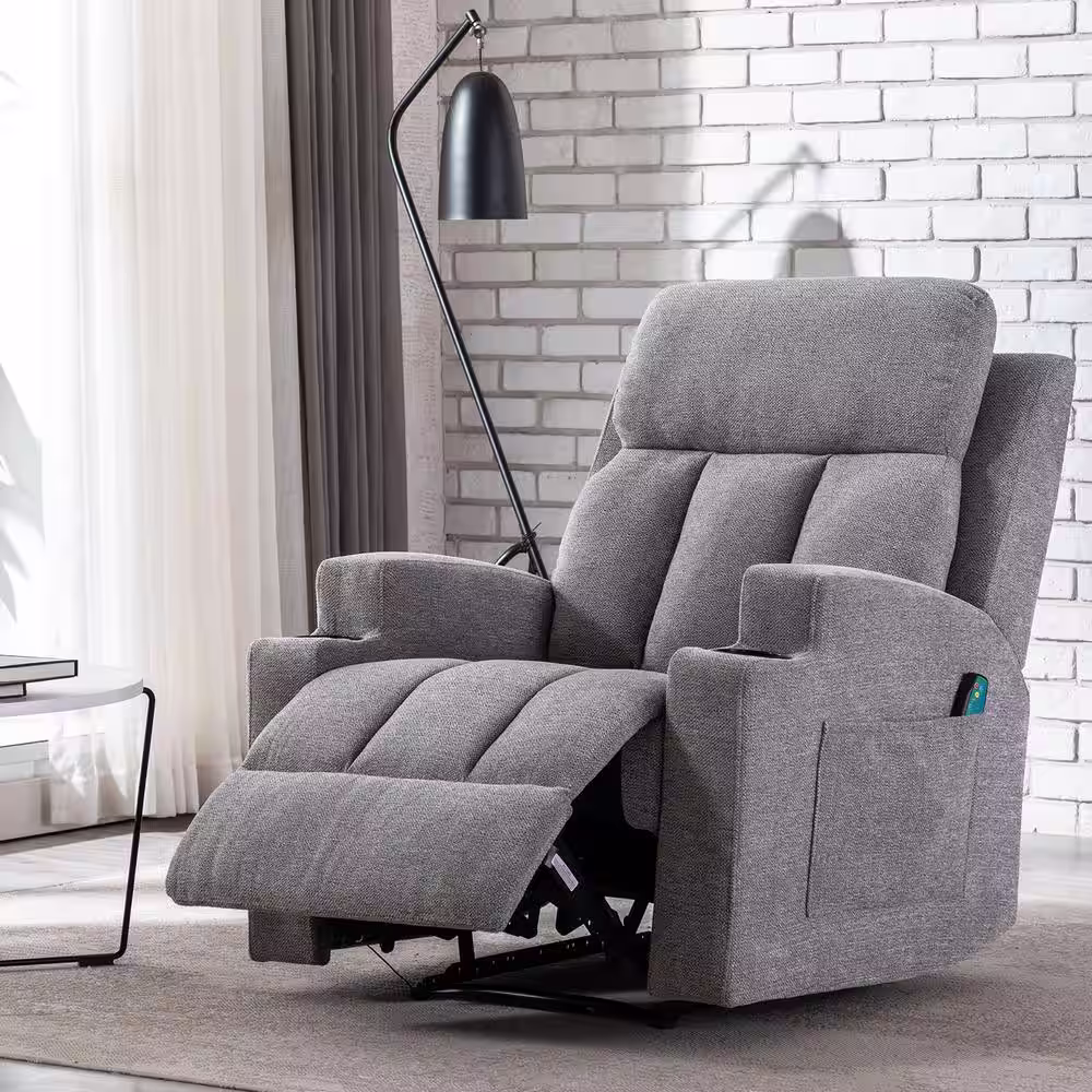 None Light Gray Recliner Chair with Massage and Heat, Fabric Living Room Reclining Single Sofa Seating with Cup Holders
