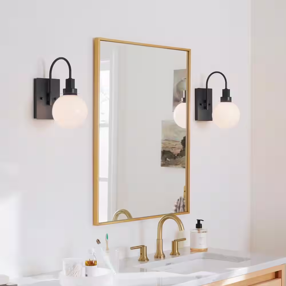 KICHLER Hex 11.5 in. 1-Light Black Bathroom Wall Sconce Light with Opal Glass Shade