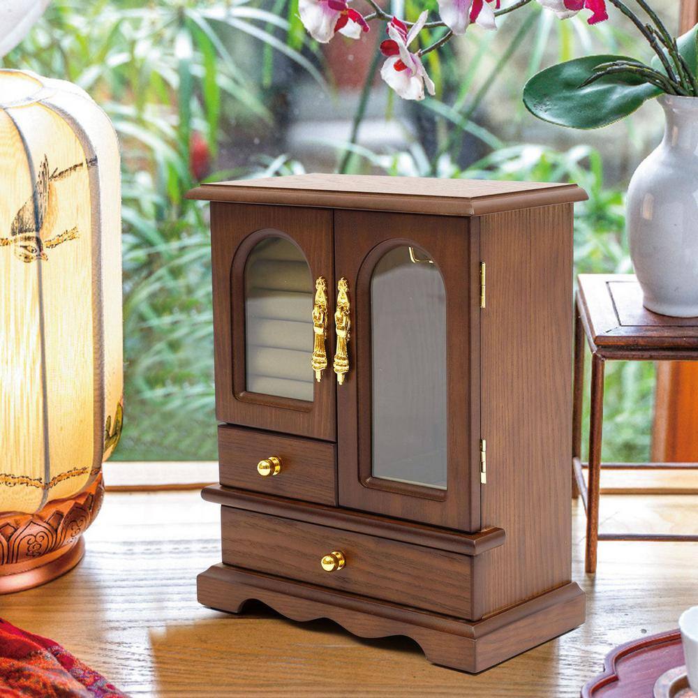 YIYIBYUS Retro Wooden Jewelry Box with 2 Drawers and Glass Door