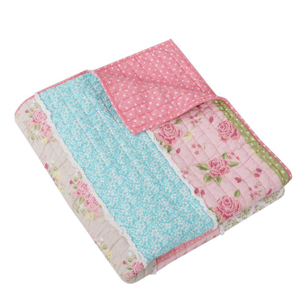 None Vintage Garden Pink Quilted Cotton Throw Blanket