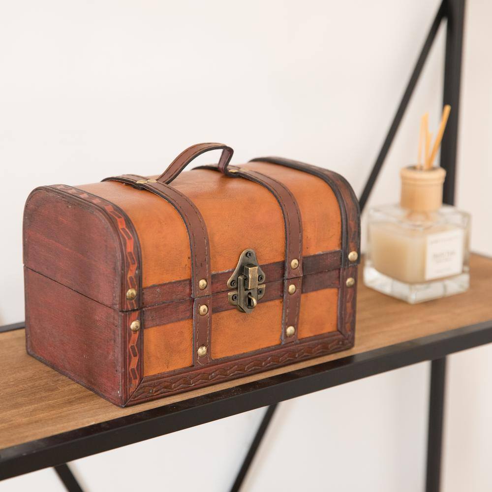 Vintiquewise 8.5 in. x 5.5 in. x 5.5 in. Wood Faux Leather Decorative Faux Leather Treasure Box