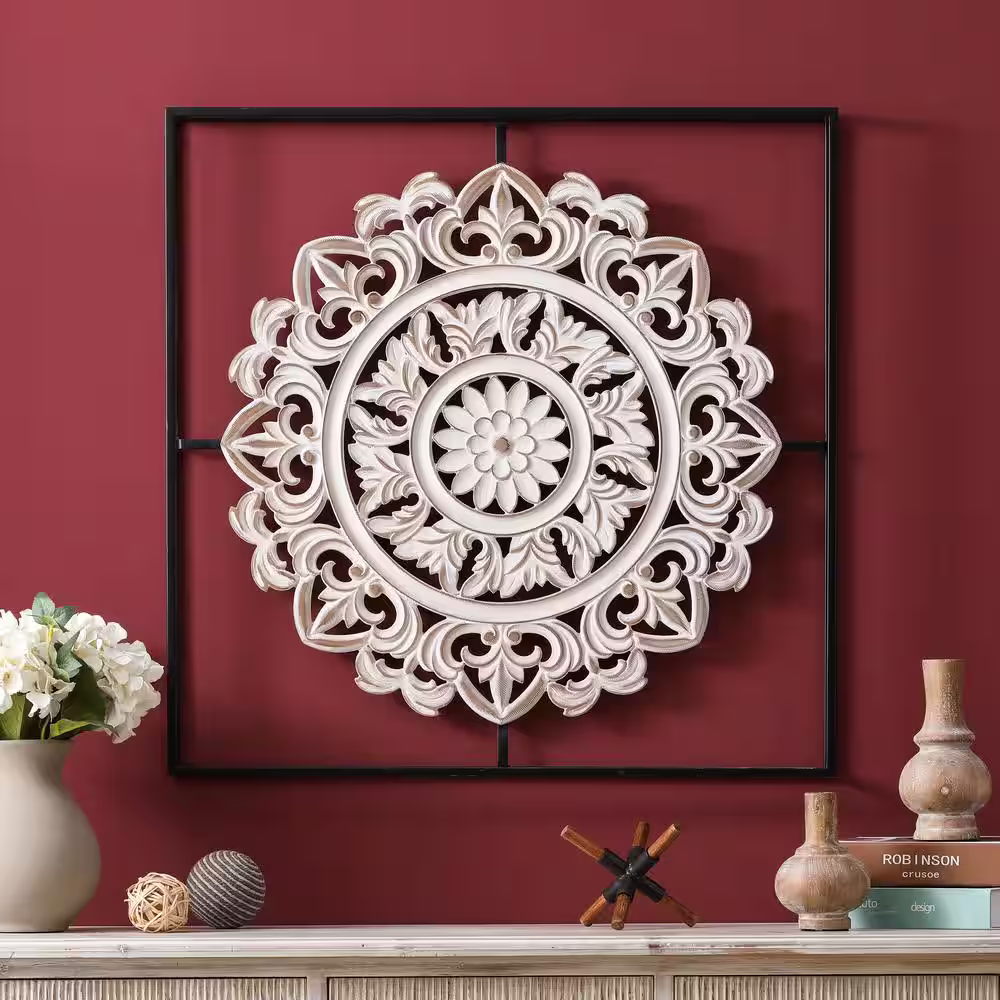 LuxenHome Distressed White Wood Flower Iron Square Wall Applique Decor