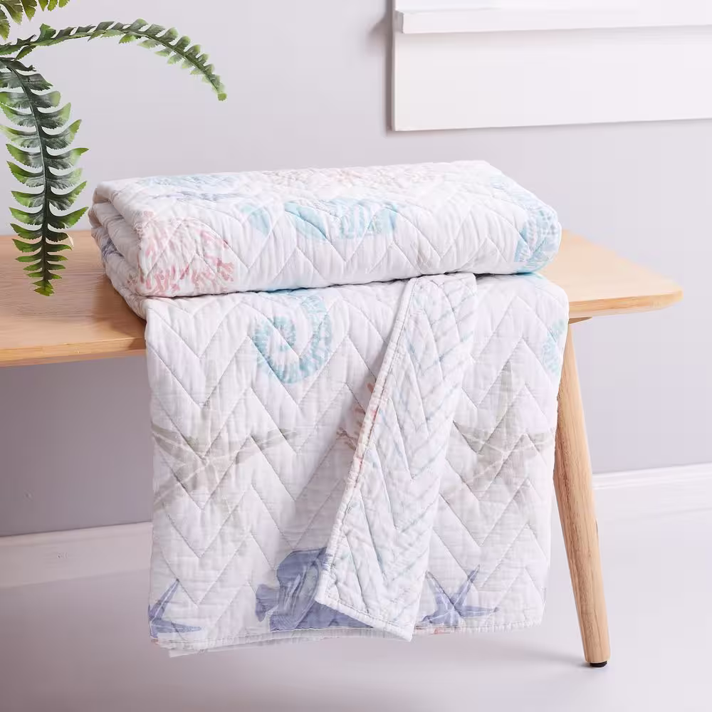 None Blue Sea Multi-color Coastal/Chevron Quilted Cotton Throw Blanket