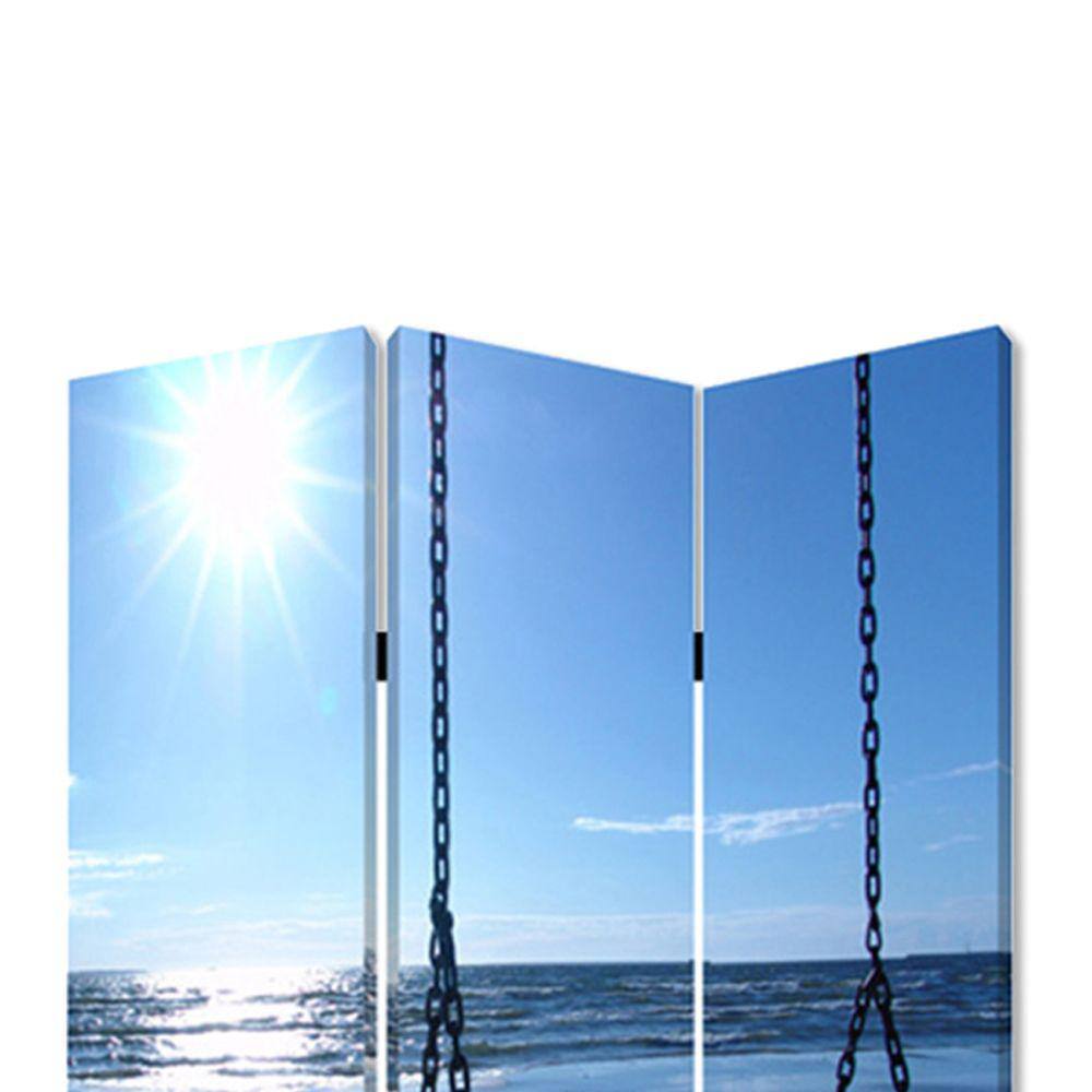 Benjara Blue and Gray 3-Panel Wooden Room Divider with Seaside Screen Pattern