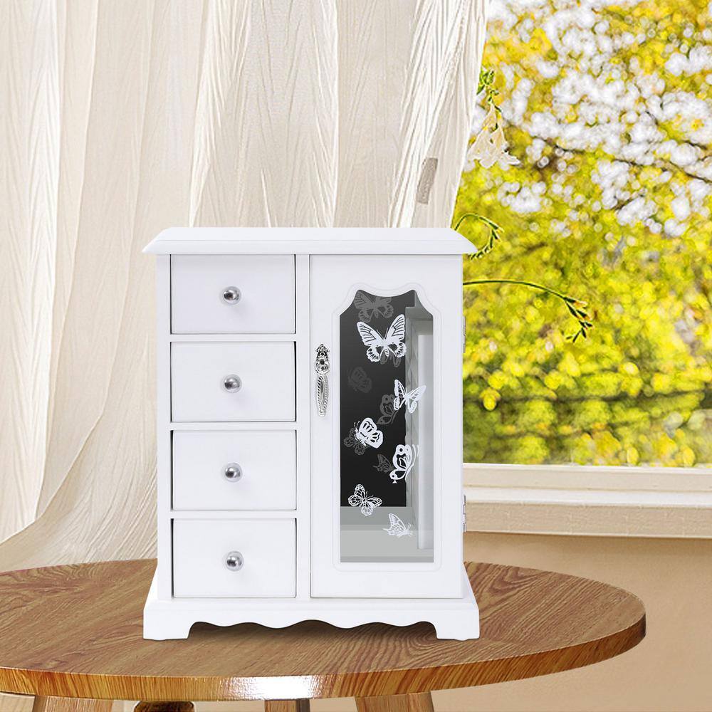None White Jewelry Box Made of Solid Wood with 4 Drawers Organizer and Built-in Necklace Carousel and Large Mirror