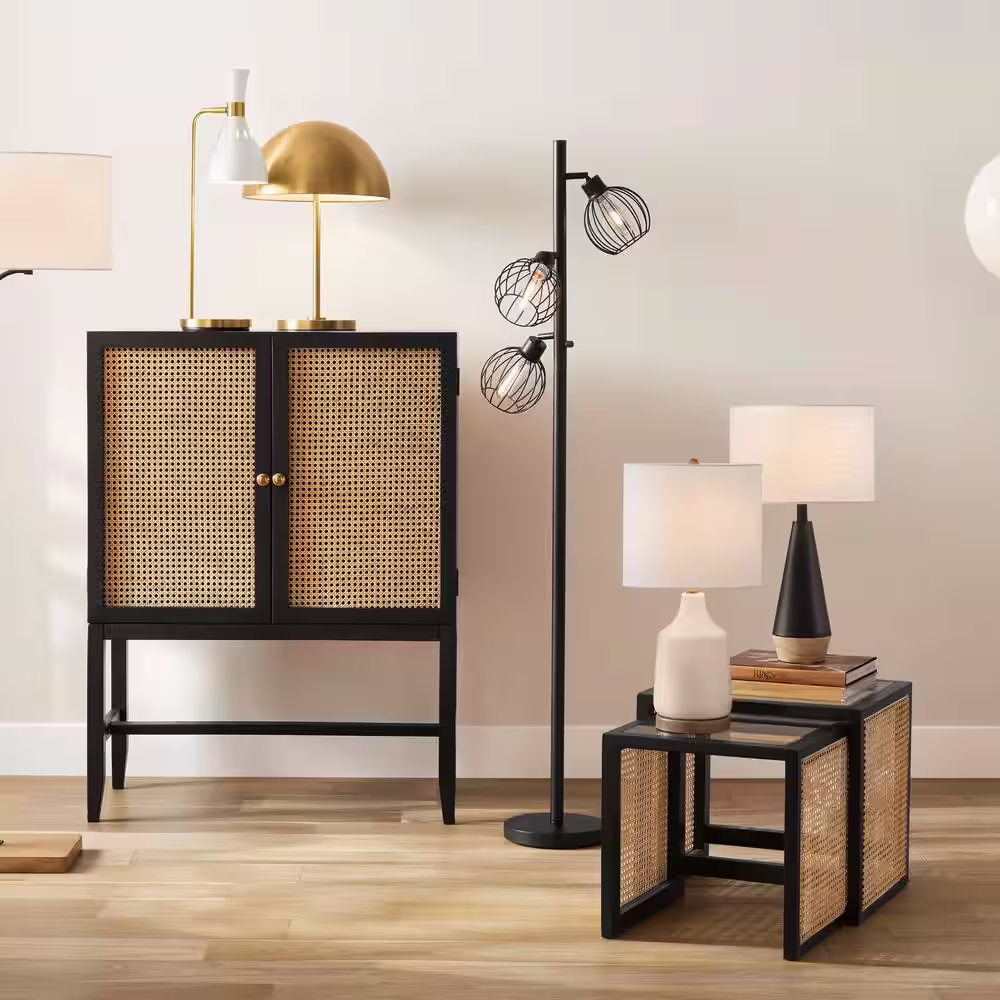 Hampton Bay Saddlebrook 21.5 in. Cream Ceramic and Faux Wood Table Lamp with White Fabric Shade