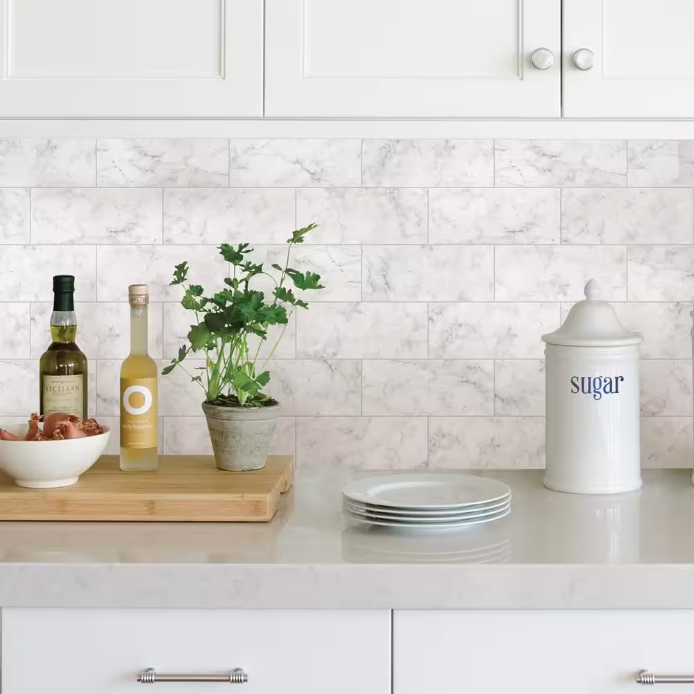 Brewster White Marble Tile Wall Applique Peel and Stick Backsplash