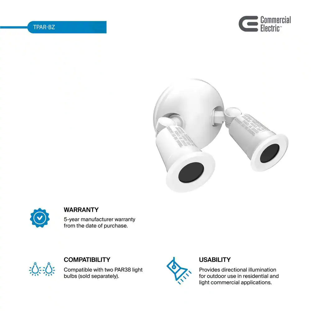 Commercial Electric Twin-Head White Outdoor Flood Light for Outdoor Security Lighting