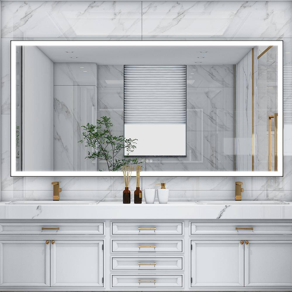 None 84 in. W x 42 in. H Rectangular Framed LED Light with Anti-Fog Wall and plug Bathroom Vanity Mirror in Matte Black