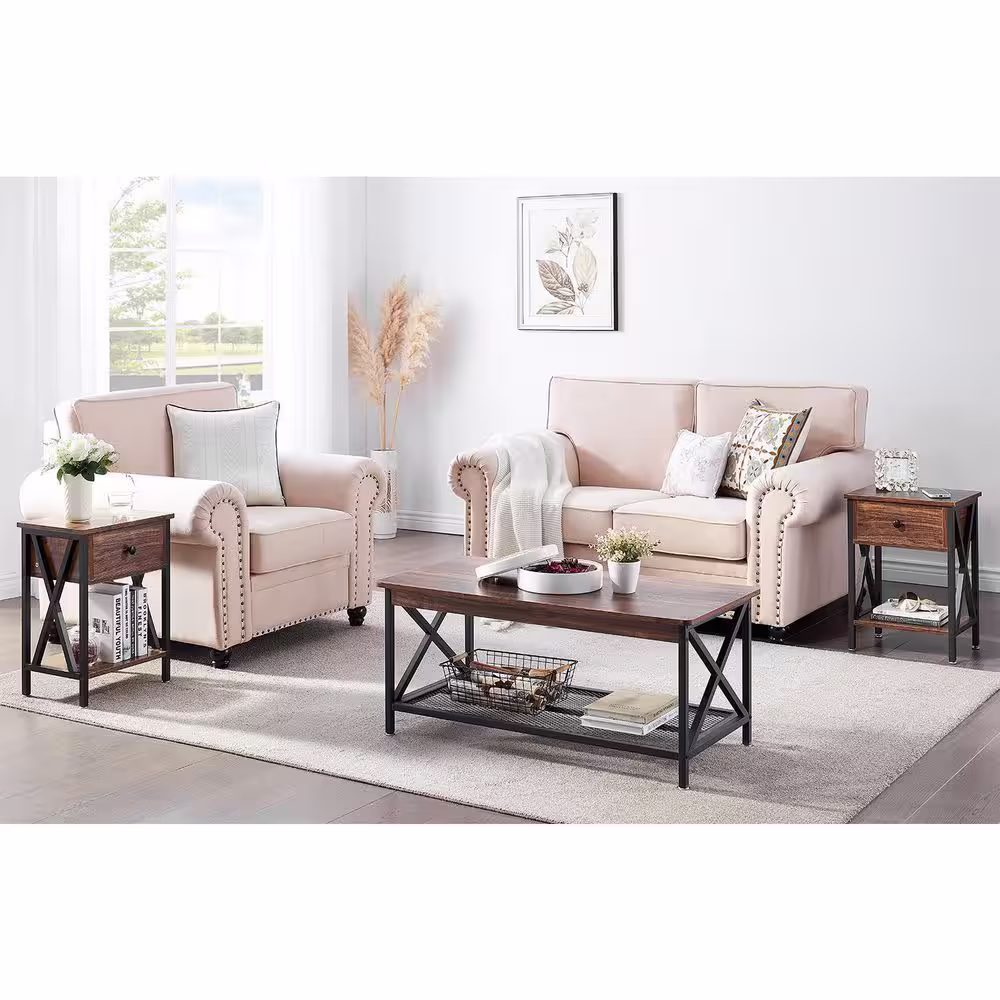 VECELO 3-Piece Occasional Table Set with Coffee Table + 2 End Tables, Brown Coffee Table Set