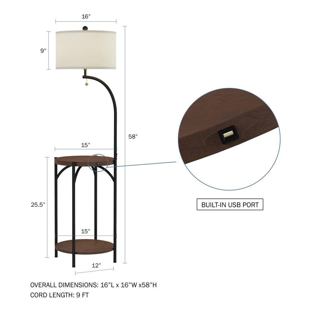 Lavish Home 58 in. Dark Brown and Black Modern Rustic LED Floor Lamp End Table with USB Charging Port