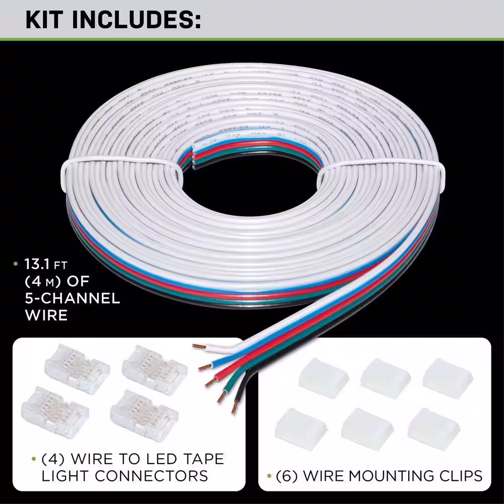 Commercial Electric 13 ft. Connector Cord LED Strip Light Accessory Pack (RGB+W) (4 Wire-to-Tape Connectors, 6 Wire Mounting Clips)