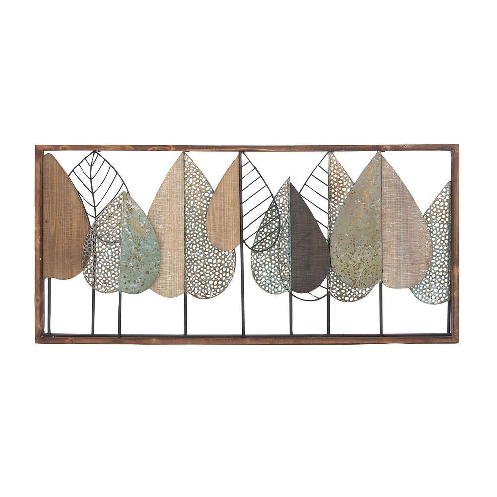 Litton Lane Wood Brown Varying Texture Leaf Wall Decor with Green and Black Metal Accents