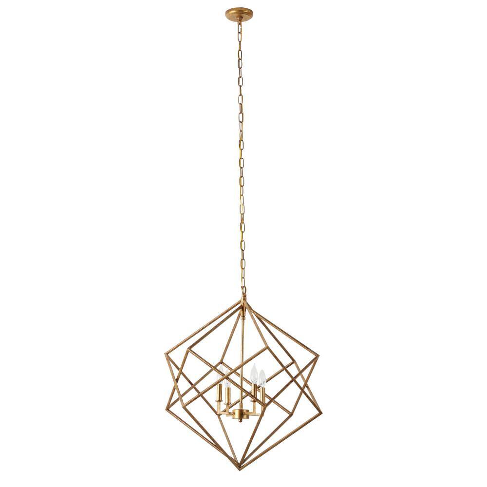 Litton Lane 40-Watt Integrated LED Gold Metal Caged 4 Light Chandelier with Link Style Chain
