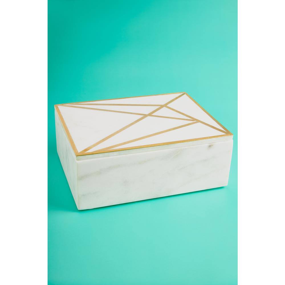 GAURI KOHLI 8 in. x 6 in. Nigel White Marble Decorative Box with Gold Inlay
