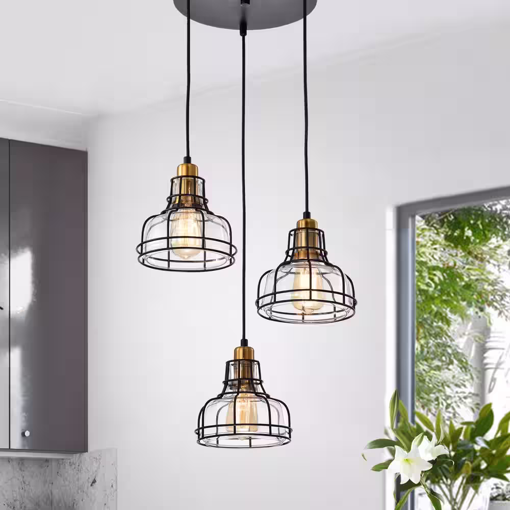 Edvivi Paris 3-Light Industrial Black and Antique Gold Pendant with Clear Glass Shade and Black Cage