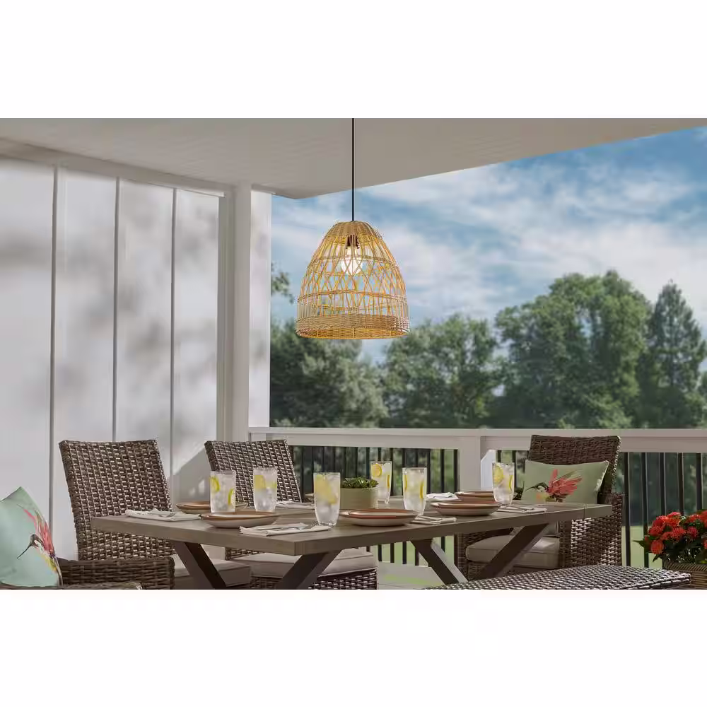 Hampton Bay Woods Bay 1-Light Black Outdoor Pendant Light with Tan Resin Wicker Shade