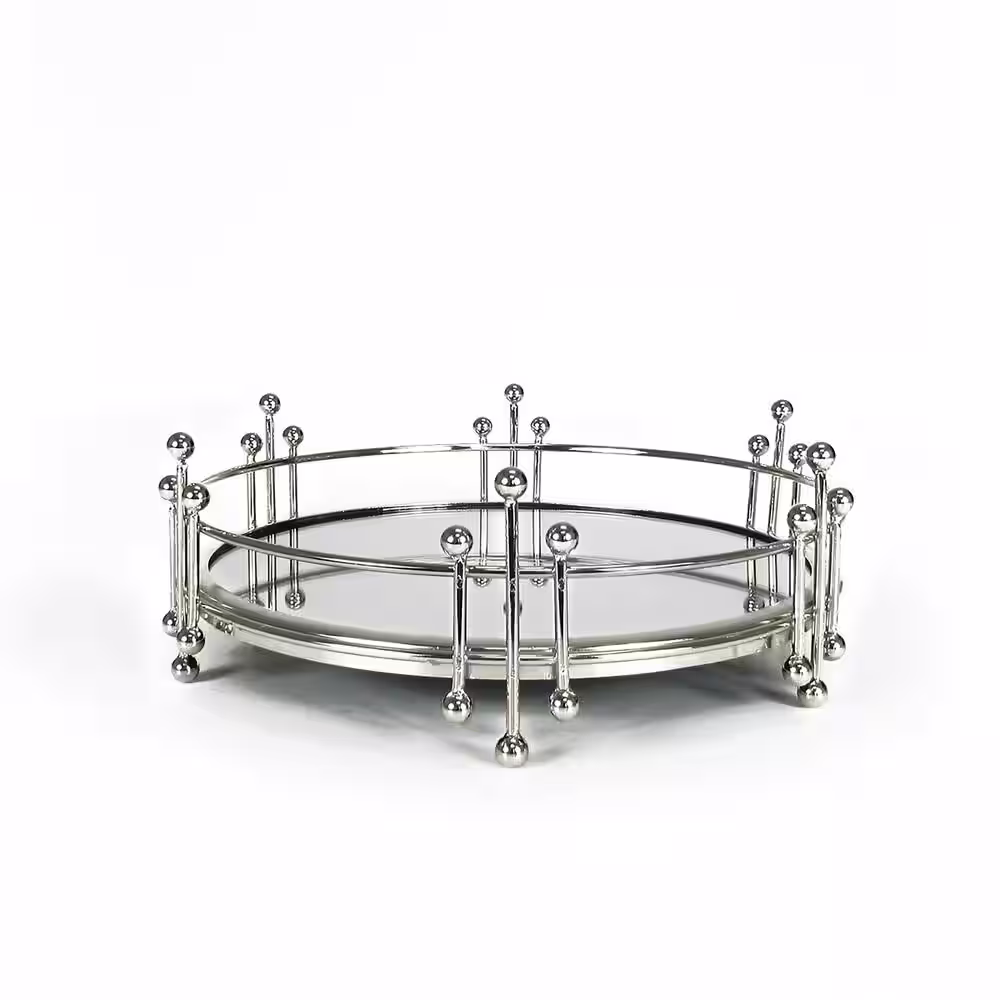 None Radiant 10 in. Silver Round Metal Mirror Decorative Tray