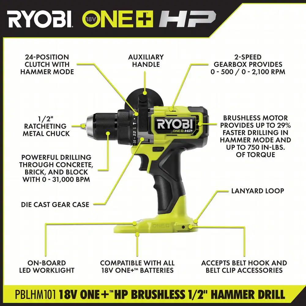 RYOBI ONE+ HP 18V Brushless Cordless 1/2 in. Hammer Drill (Tool Only)