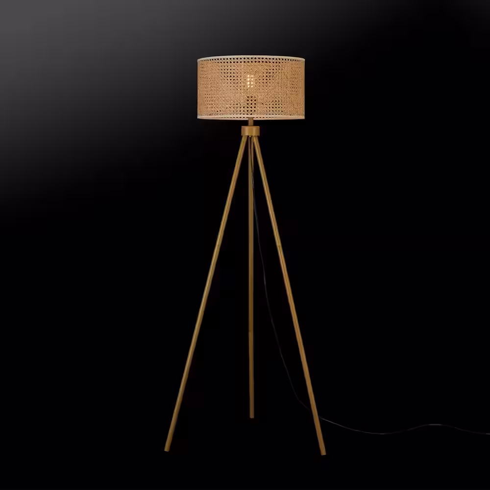 Globe Electric 60 in. Faux Wood Floor Lamp with Rattan Shade and Tripod Base, On/Off Rotary Switch on Socket