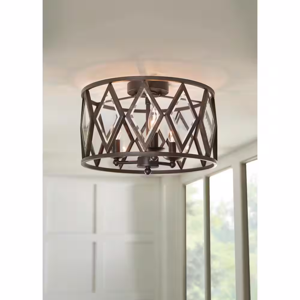 Home Decorators Collection Tessali 16 in. 3-Light Bronze Prismatic Glass Flush Mount Ceiling Light