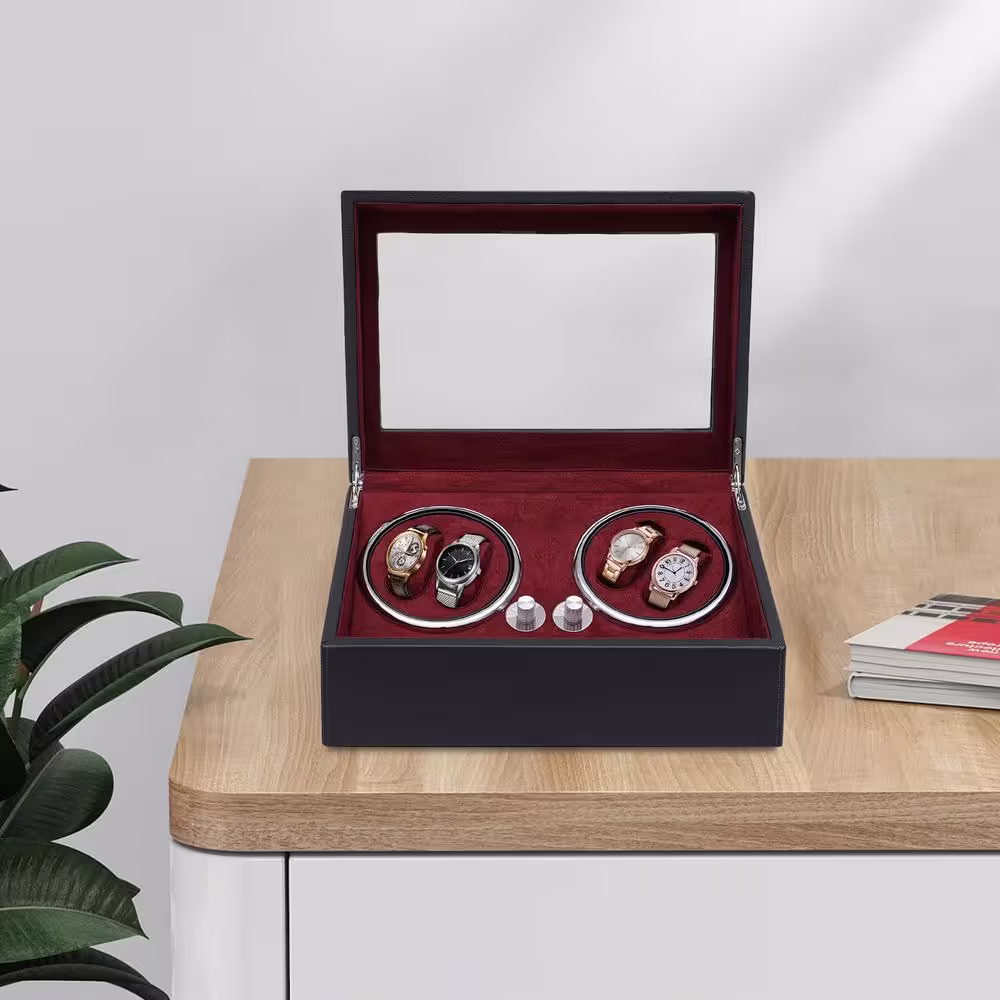 None PU Watch Winder for 4 Automatic Watches with Extra 6 Watch Storages LED Illumination Silent Motor