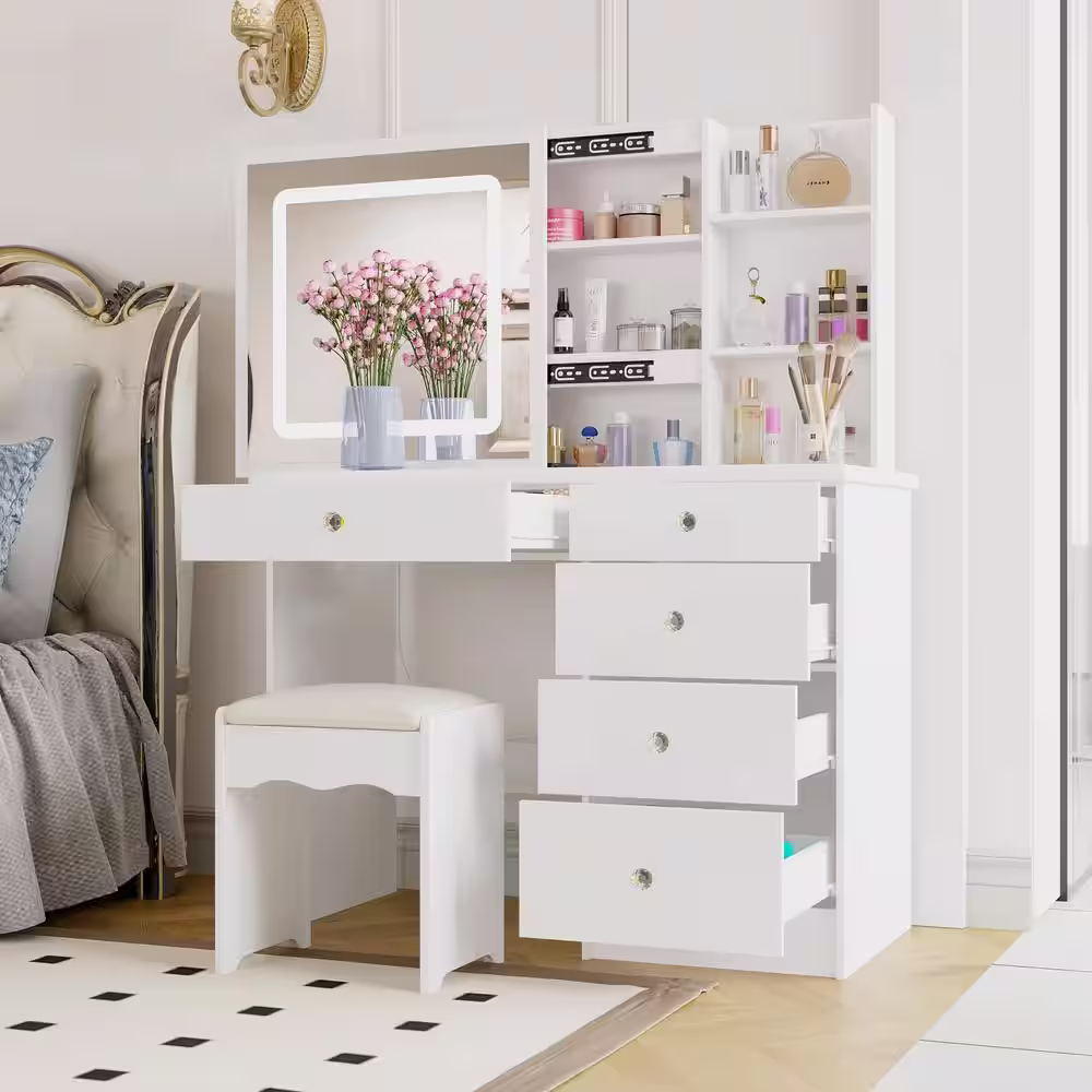 None White Makeup Vanity Set Dressing Desk with Glass Top, Sliding LED Lighted Mirror, Drawers, Storage Shelves and Stool