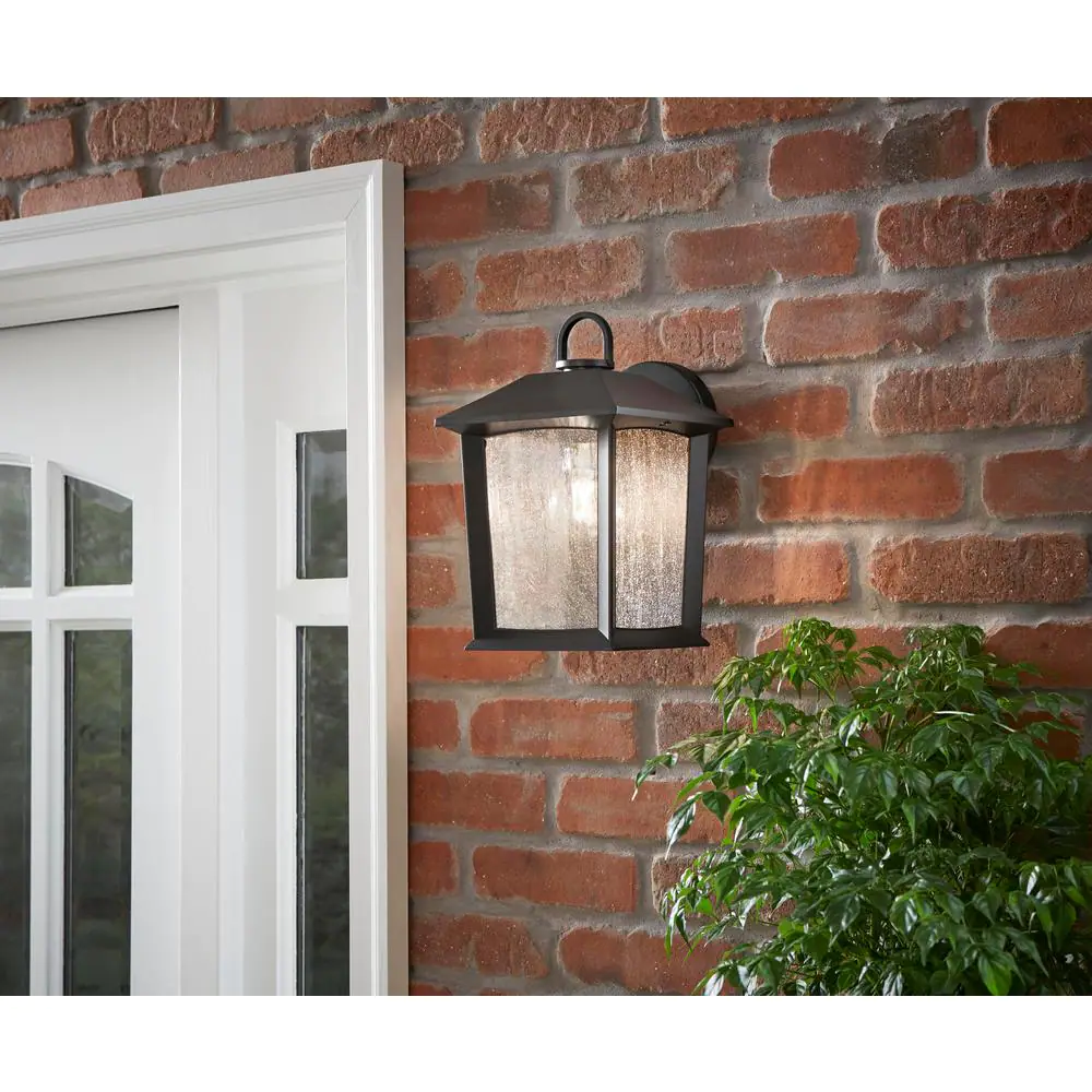 Hampton Bay Ashton 1-Light Black Outdoor Wall Lantern Sconce Light with Seeded Glass
