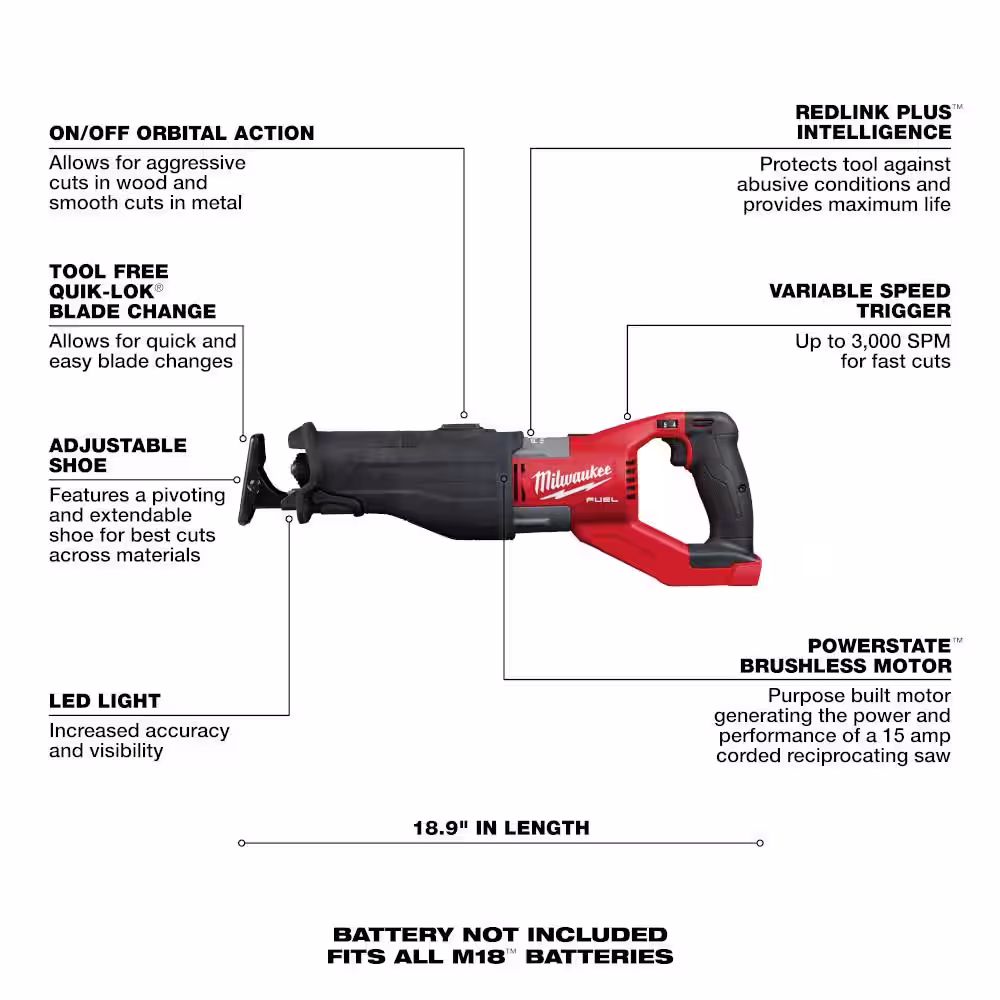 Milwaukee M18 FUEL 18V Lithium-Ion Brushless Cordless Super SAWZALL Orbital Reciprocating Saw (Tool-Only)