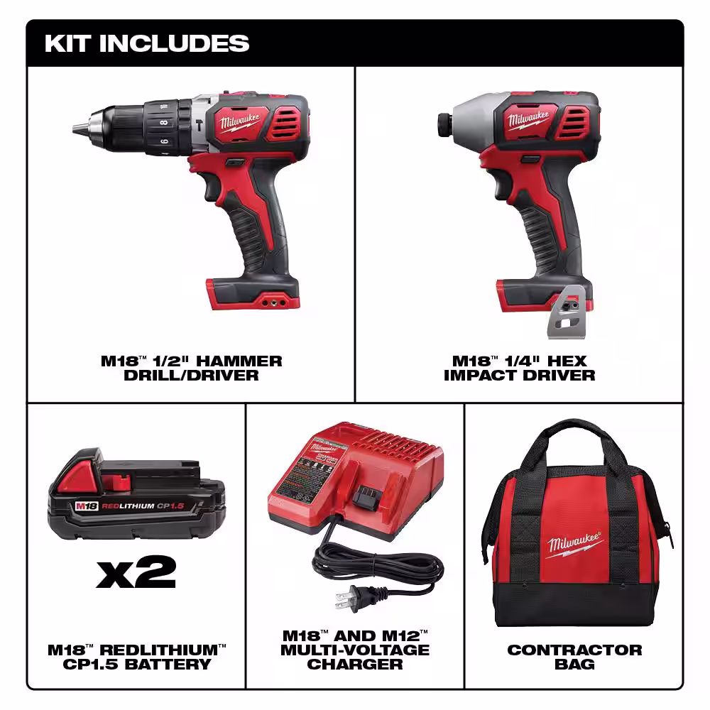 Milwaukee M18 18V Lithium-Ion Cordless Hammer Drill/Impact Driver Combo Kit (2-Tool) w/(2) 1.5Ah Batteries, Charger, Tool Bag