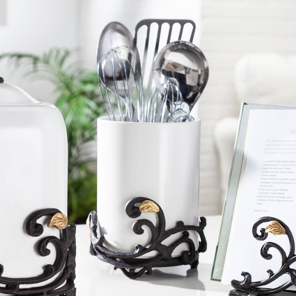 GG COLLECTION 8-Inch Tall Gold Leaf Ceramic Vase or Utensil Holder